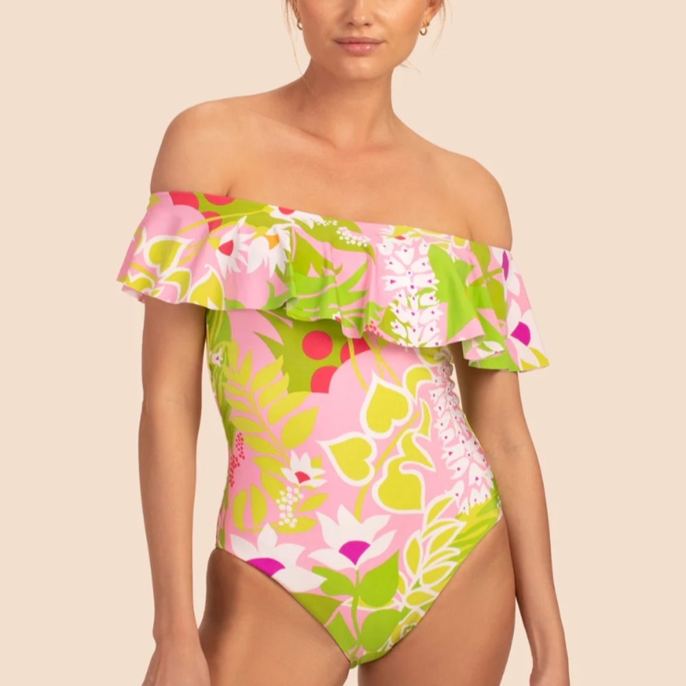 Trina Turk Pink Green La Palma Off The Shoulder One Piece S Swimsuit Bodysuit - Picture 1 of 7